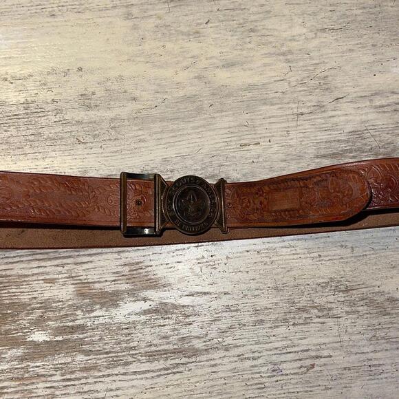 Vintage Tooled Embossed Leather and Copper Boy Scouts of America Belt 32 34 - Picture 1 of 7